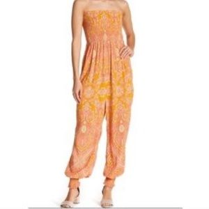 Free People Orange and Yellow Strapless Jumpsuit